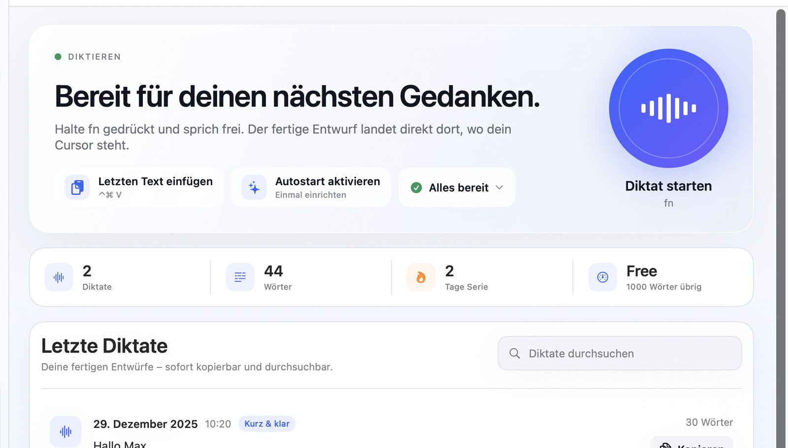 Speechly Mac-App mit grosser Diktieraktion, Nutzungsstatus und letzten Diktaten.