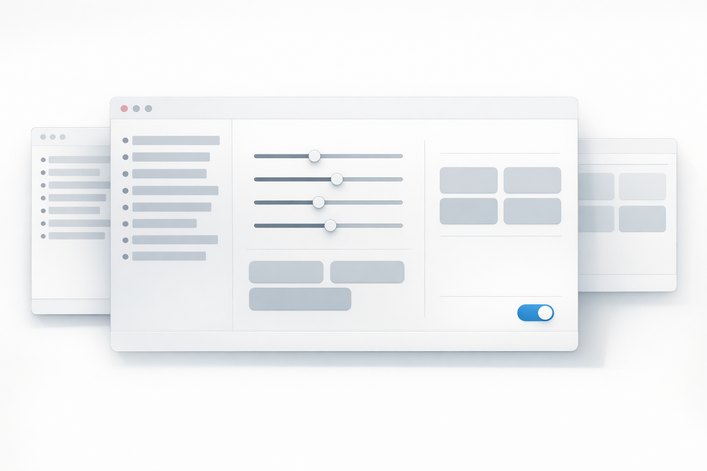 Speechly App-Mockup mit Bibliothek, Tonalitäten, Snippets und Einstellungen als abstrakte UI.