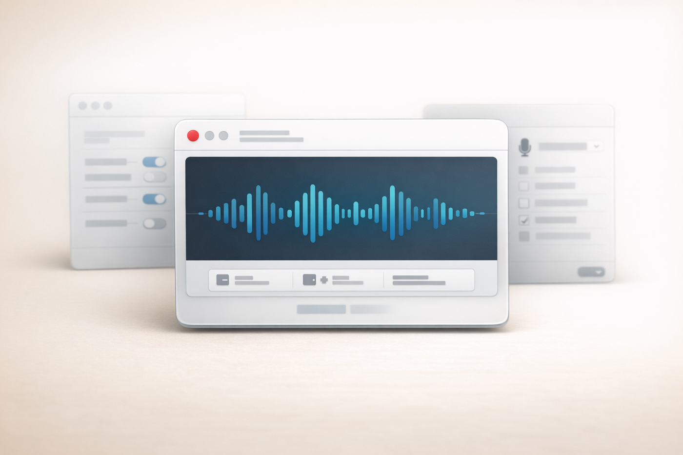 Speechly App-Mockup mit Aufnahmefenster und Wellenform.