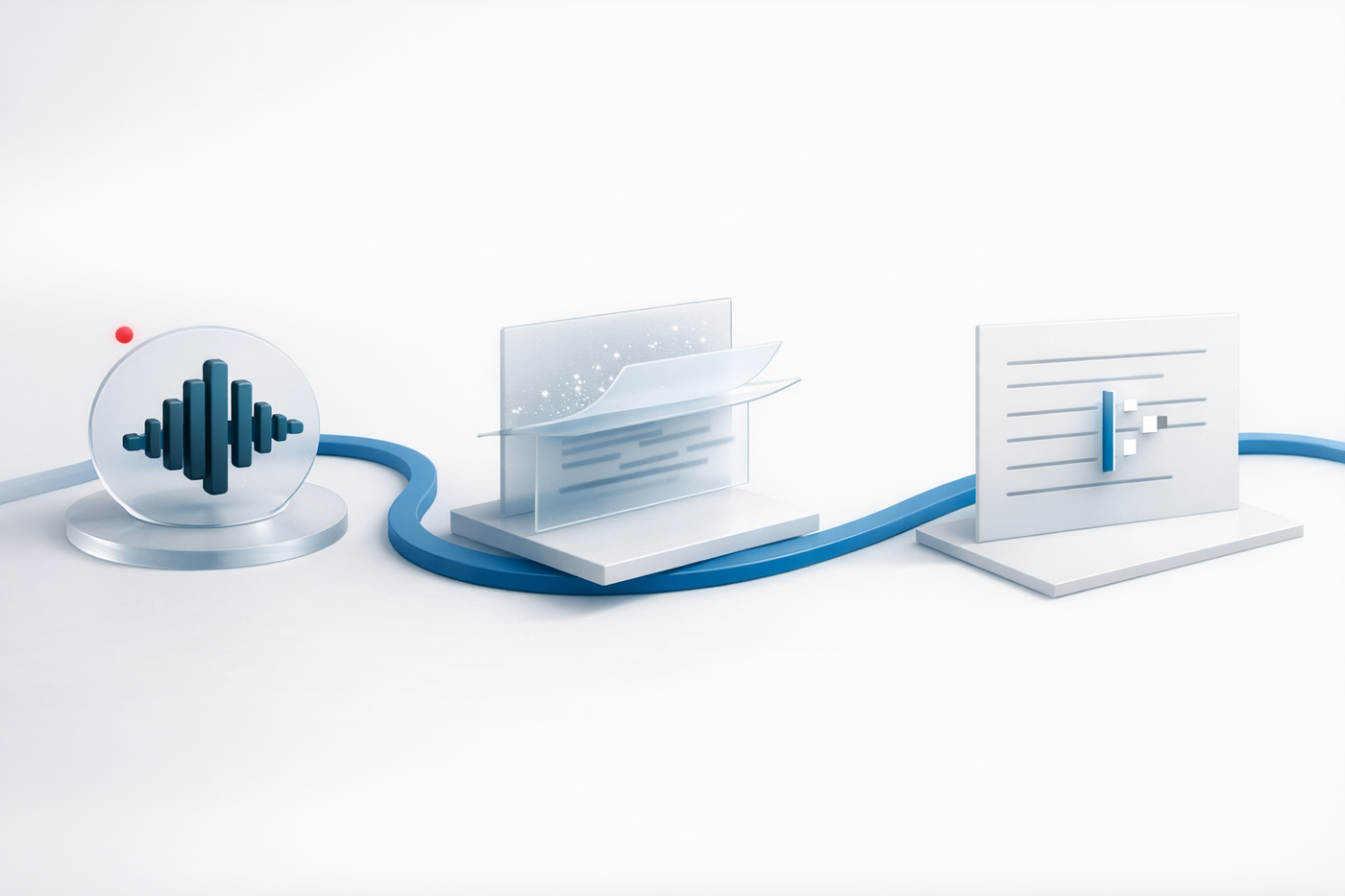 Abstrakter Speechly-Workflow von Sprachaufnahme zu bereinigtem Text und Einfügung.